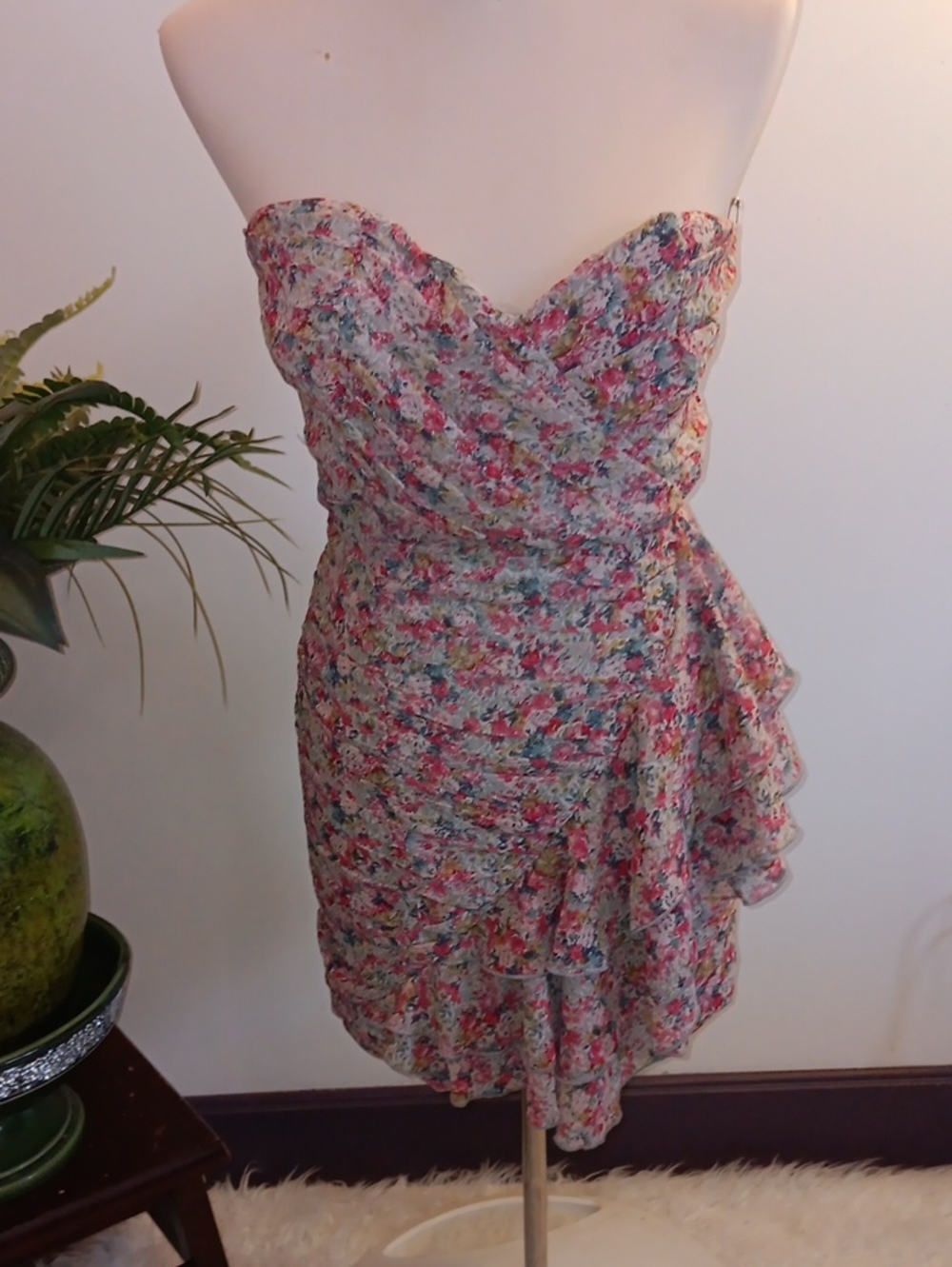 Strapless Floral Ruffle Mini Dress - Pink Multi